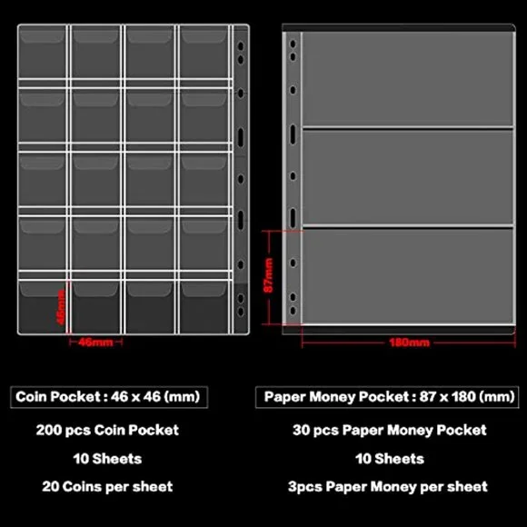 Premium Coin Collection Album Binder with 200 Pockets and 30 Currency Sleeves - Picture 6 of 7